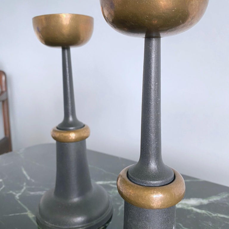 Pair of Midcentury Modern Bronze and Black Cast Iron Candlesticks
