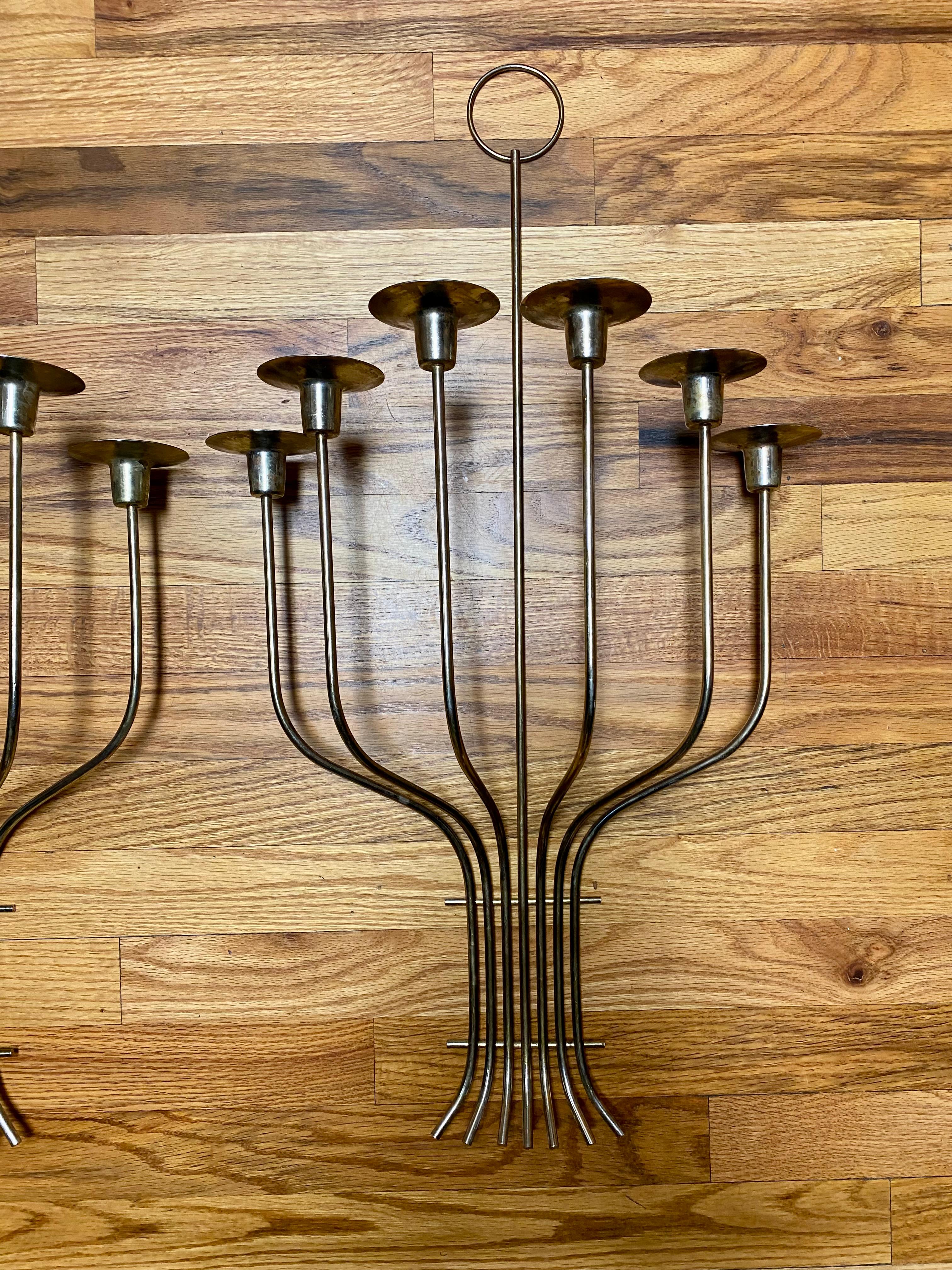 20th Century Pair Midcentury Modern Large Scale Metal Candle Sconces (After Tommy Parzinger) For Sale