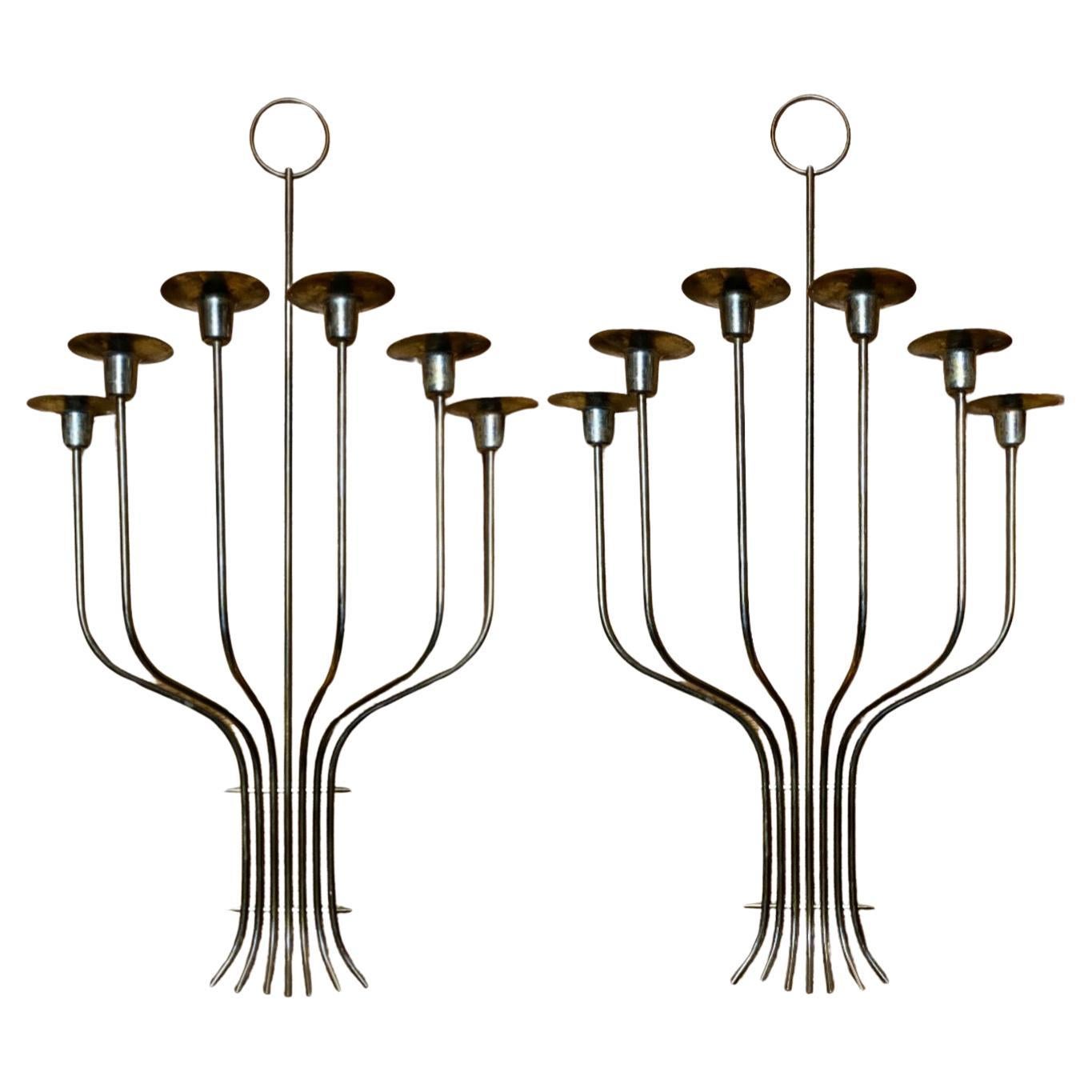 Pair Midcentury Modern Large Scale Metal Candle Sconces (After Tommy Parzinger) For Sale