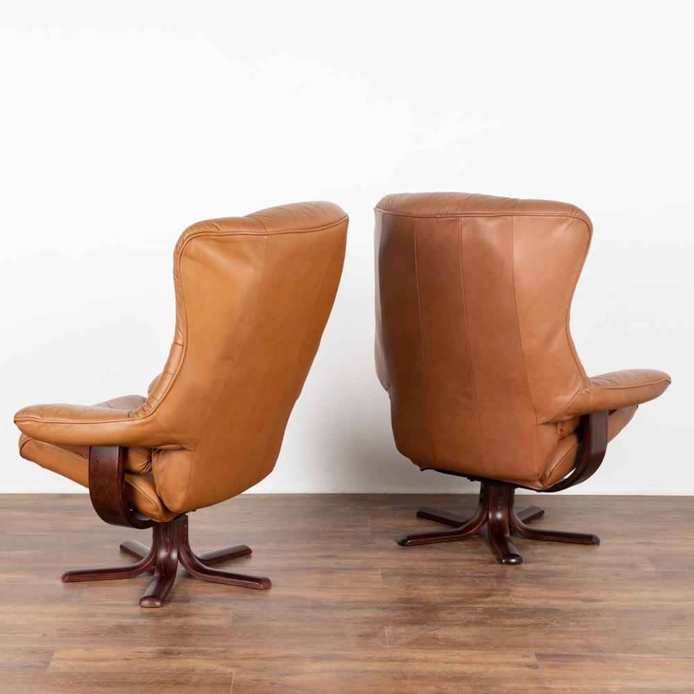 Pair, MidCentury Modern Swivel Reclining Vintage Brown Leather Armchairs, Stouby 4