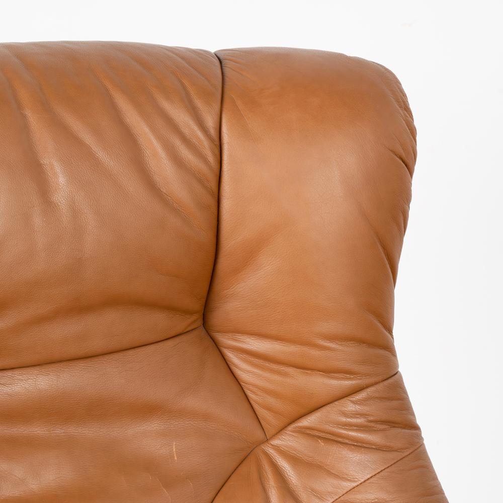 20th Century Pair, MidCentury Modern Swivel Reclining Vintage Brown Leather Armchairs, Stouby