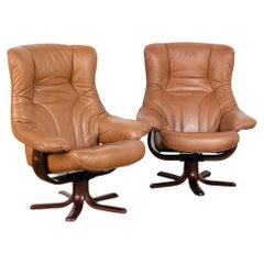 Pair, MidCentury Modern Swivel Reclining Vintage Brown Leather Armchairs, Stouby