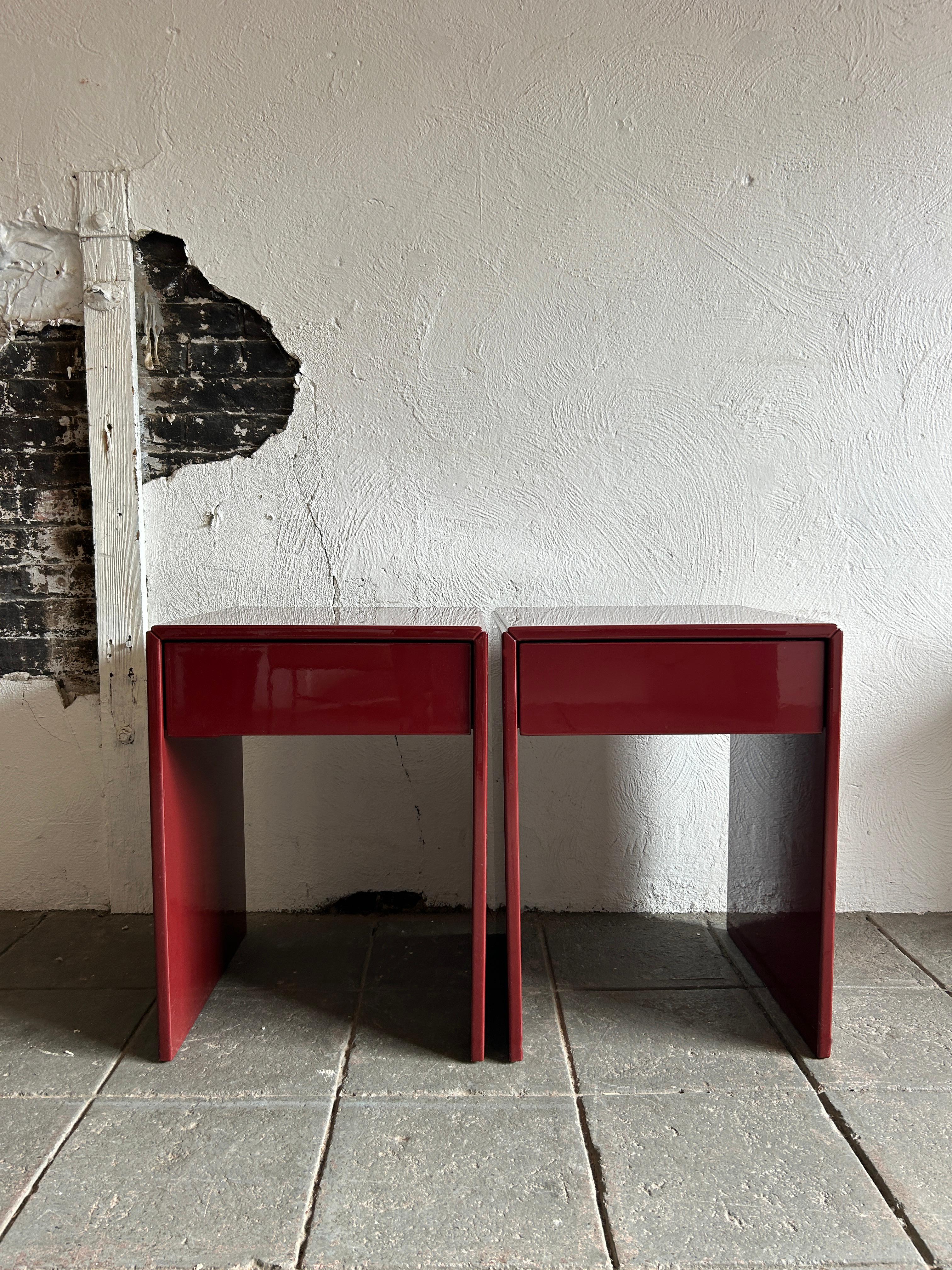 Pair of petite Minimalist midcentury Paul Mayen high gloss dark Red nightstands with single drawer for Habitat. High Gloss finish in dark red. Solid wood construction with drawer slides. Labeled. Circa 1970. Show little signs of use. Made by Intrex