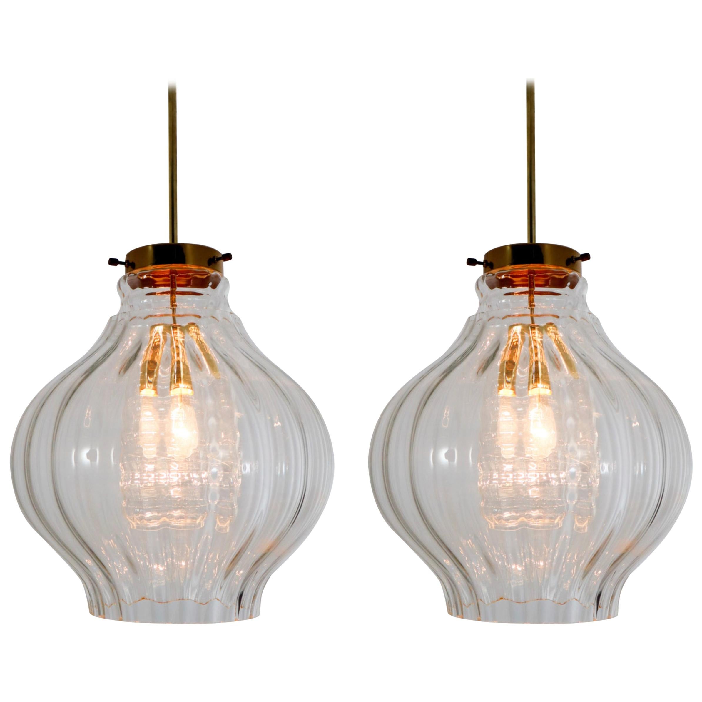 Pair of Midcentury Pendants, in Glass and Brass Europe, 1960s