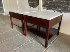 Pair Mid-Century Rosewood with Carrara Marble Top Nightstands by Florence Knoll