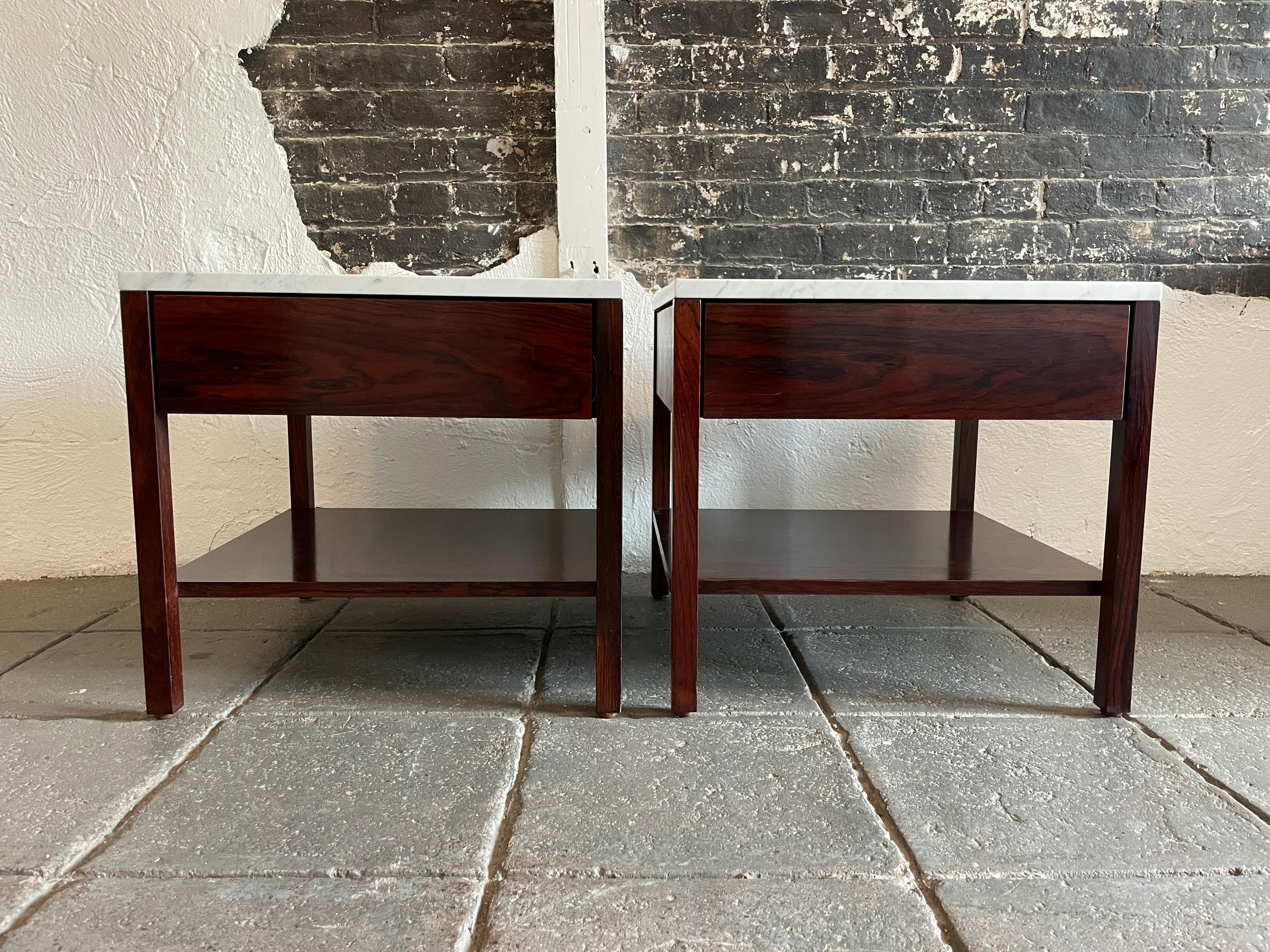 American Pair Mid-Century Rosewood with Carrara Marble Top Nightstands by Florence Knoll