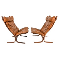 Pair Midcentury Scandinavian Modern Tan Leather Siesta Lounge Chairs by Westnofa
