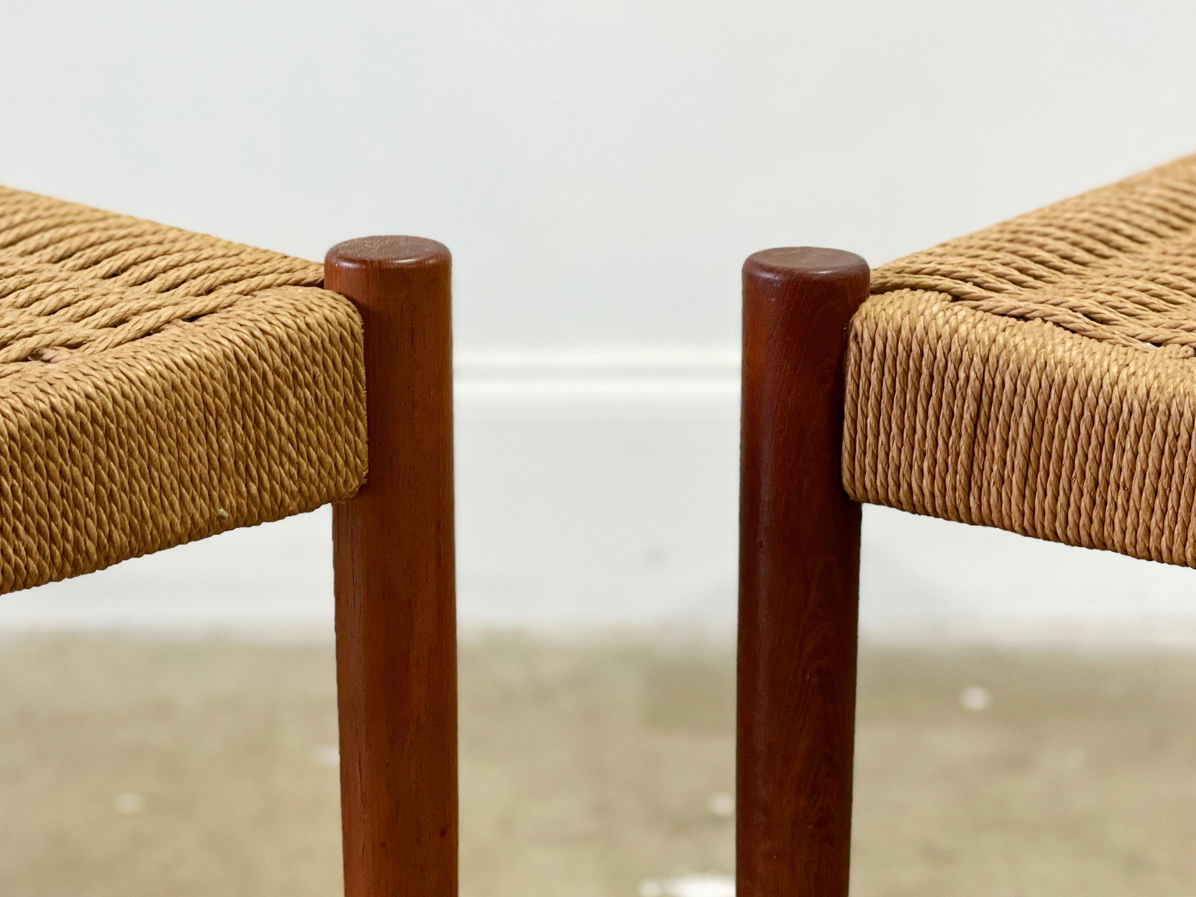 Scarcely seen pair of solid teak + Danish cord stools by Poul Volther for Frem Røjle, Denmark circa 1978. These look to be hardly, if ever used. Solid teak frames have been cleaned and conditioned and are free of any flaws. Original Danish rush