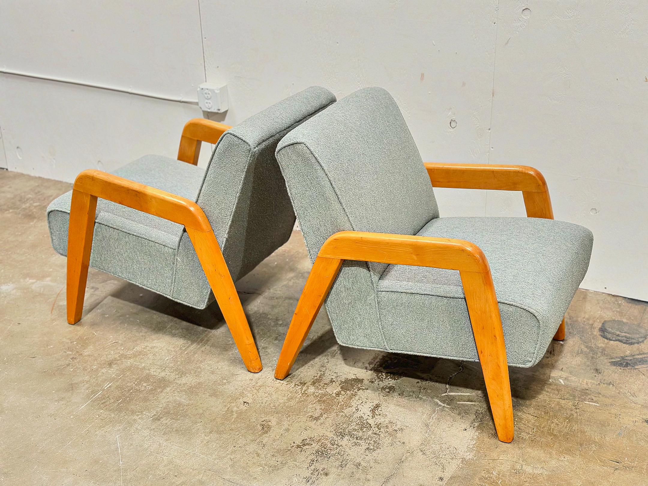 Mid-Century Modern PAIR Midcentury Thonet Lounge Arm Chairs - Russel Wright - Seafoam Green Boucle