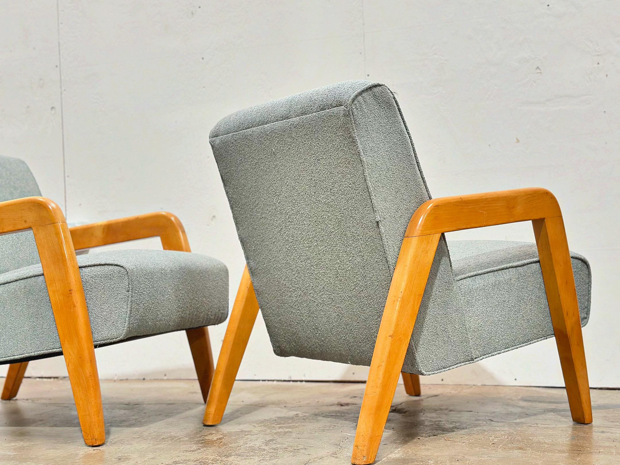 Bouclé PAIR Midcentury Thonet Lounge Arm Chairs - Russel Wright - Seafoam Green Boucle
