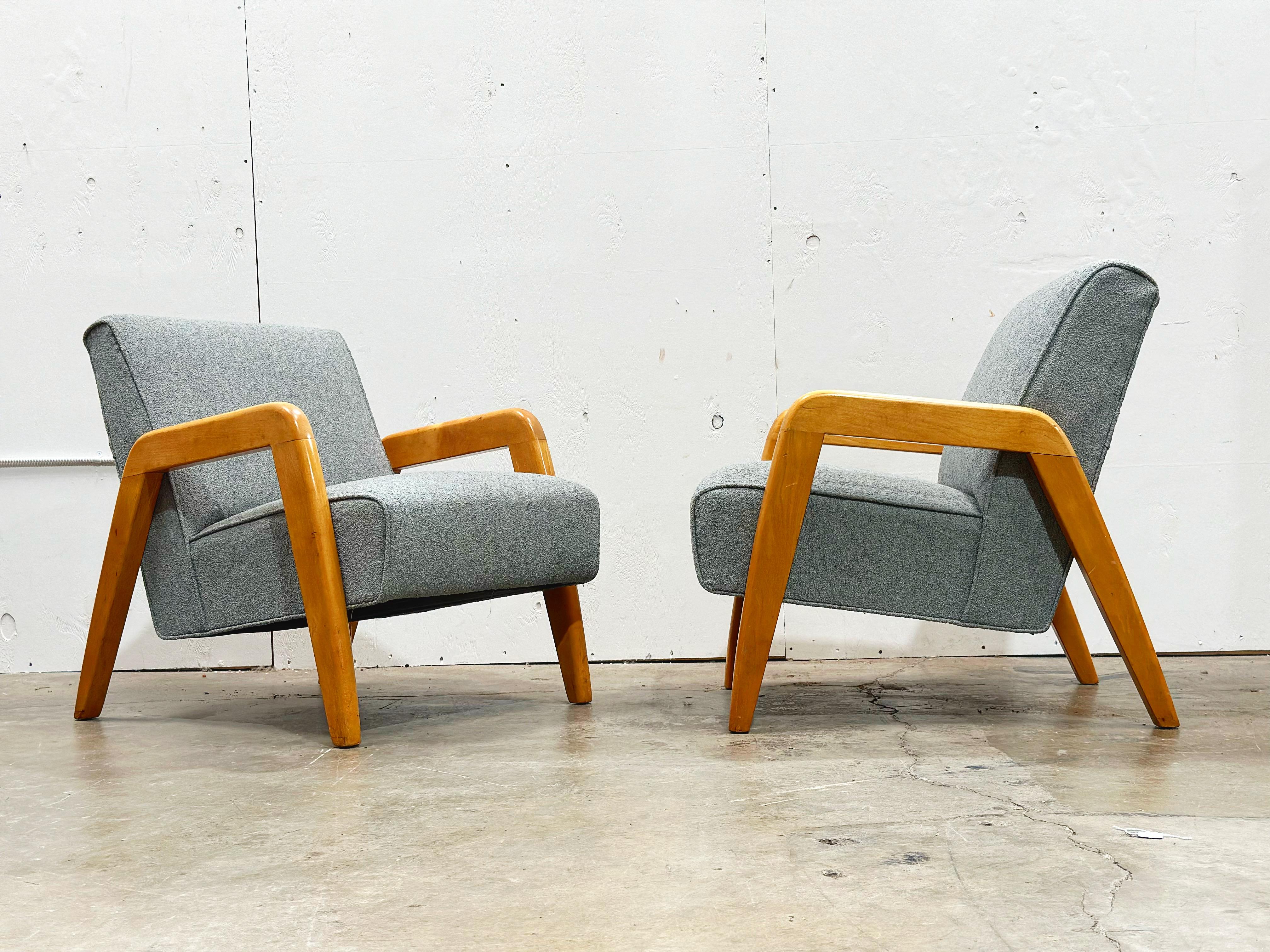 PAIR Midcentury Thonet Lounge Arm Chairs - Russel Wright - Seafoam Green Boucle 2