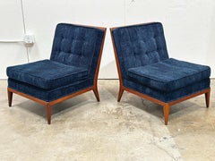 PAIR Midcentury Walnut Slipper Chairs - Blue Velvet - After TH Robsjohn Gibbings