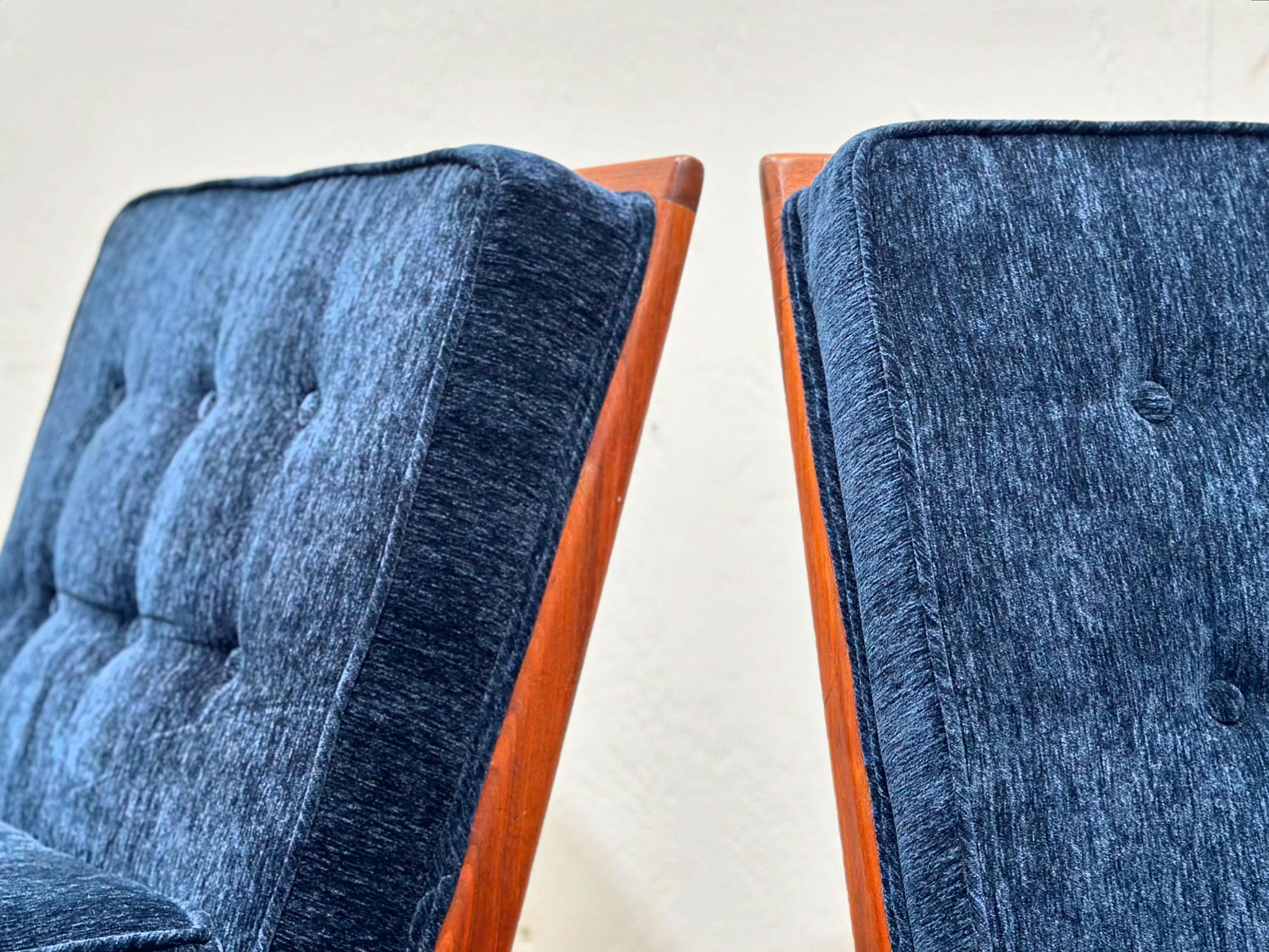 Mid-Century Modern PAIR Midcentury Walnut Slipper Chairs - Blue Velvet - After TH Robsjohn Gibbings
