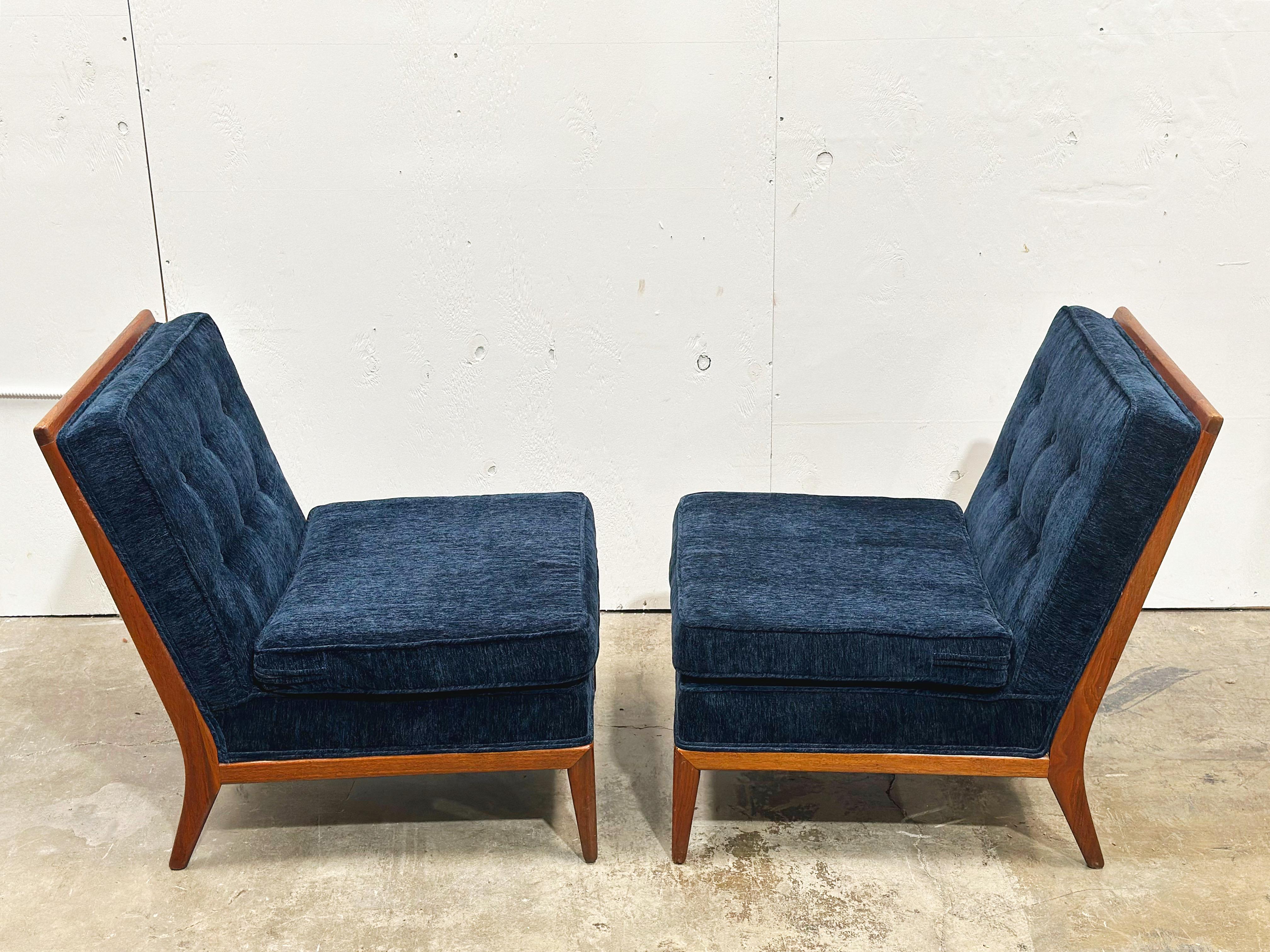 American PAIR Midcentury Walnut Slipper Chairs - Blue Velvet - After TH Robsjohn Gibbings