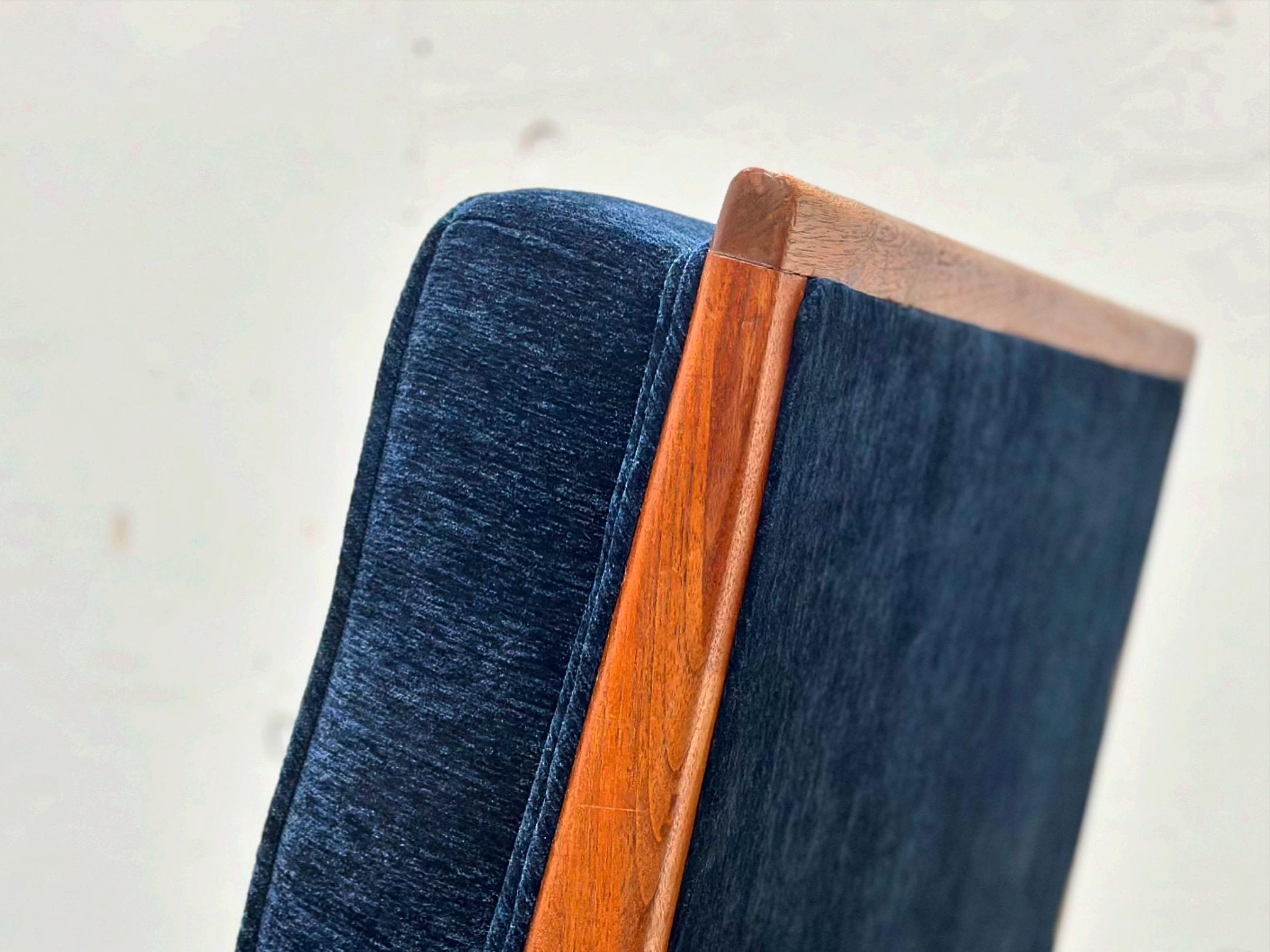 PAIR Midcentury Walnut Slipper Chairs - Blue Velvet - After TH Robsjohn Gibbings In Good Condition In Decatur, GA