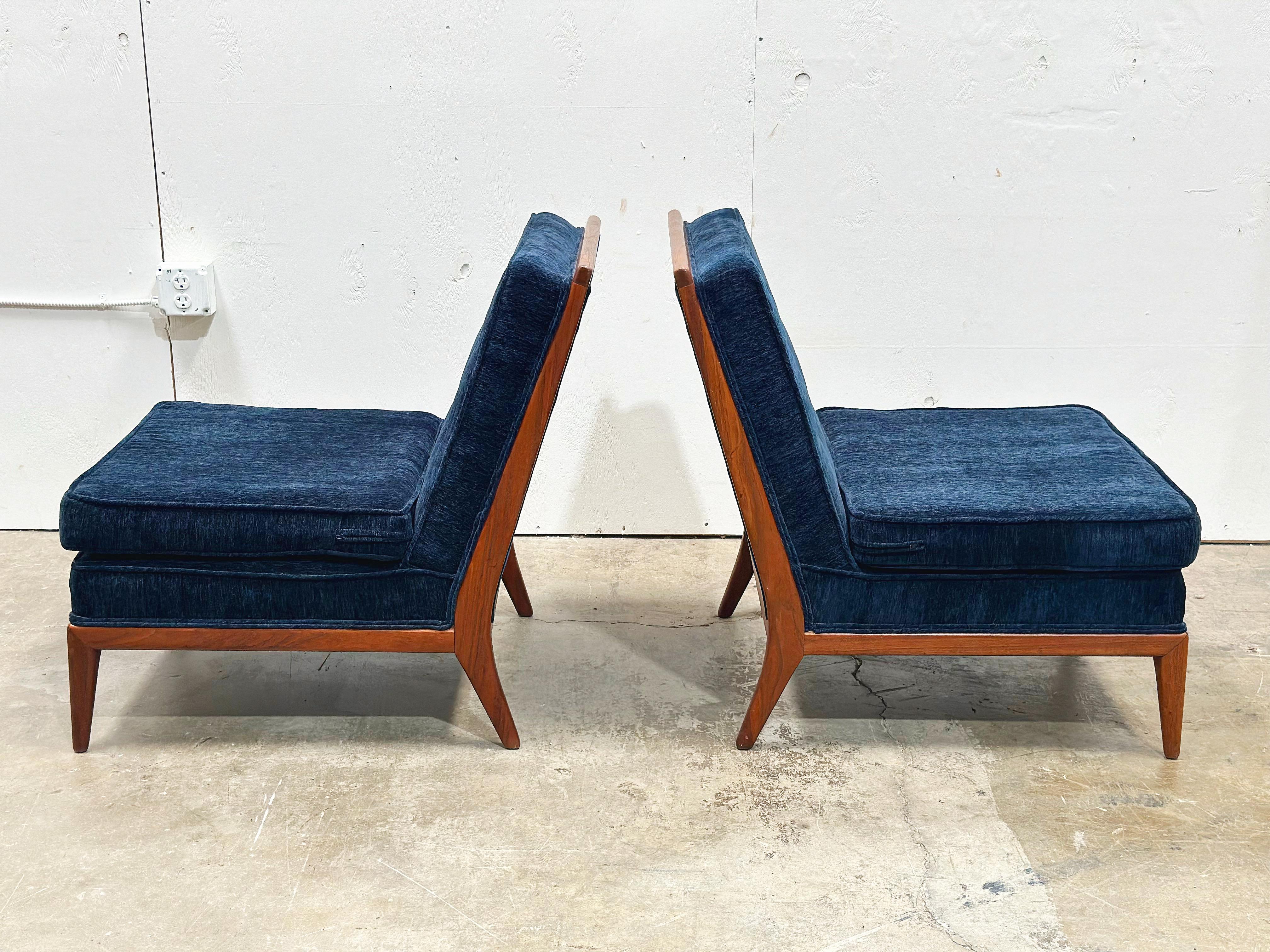 Mid-20th Century PAIR Midcentury Walnut Slipper Chairs - Blue Velvet - After TH Robsjohn Gibbings