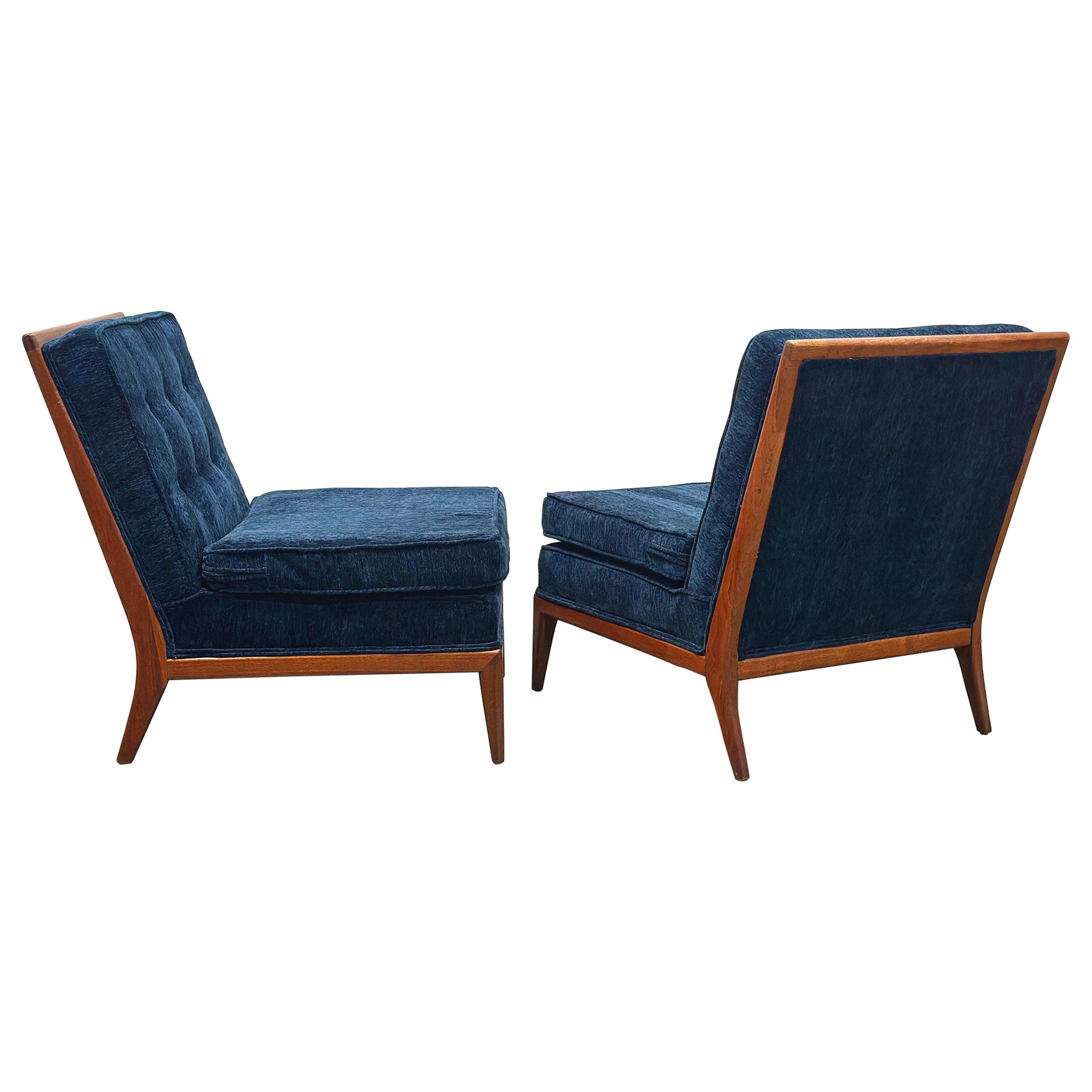 PAIR Midcentury Walnut Slipper Chairs - Blue Velvet - After TH Robsjohn Gibbings
