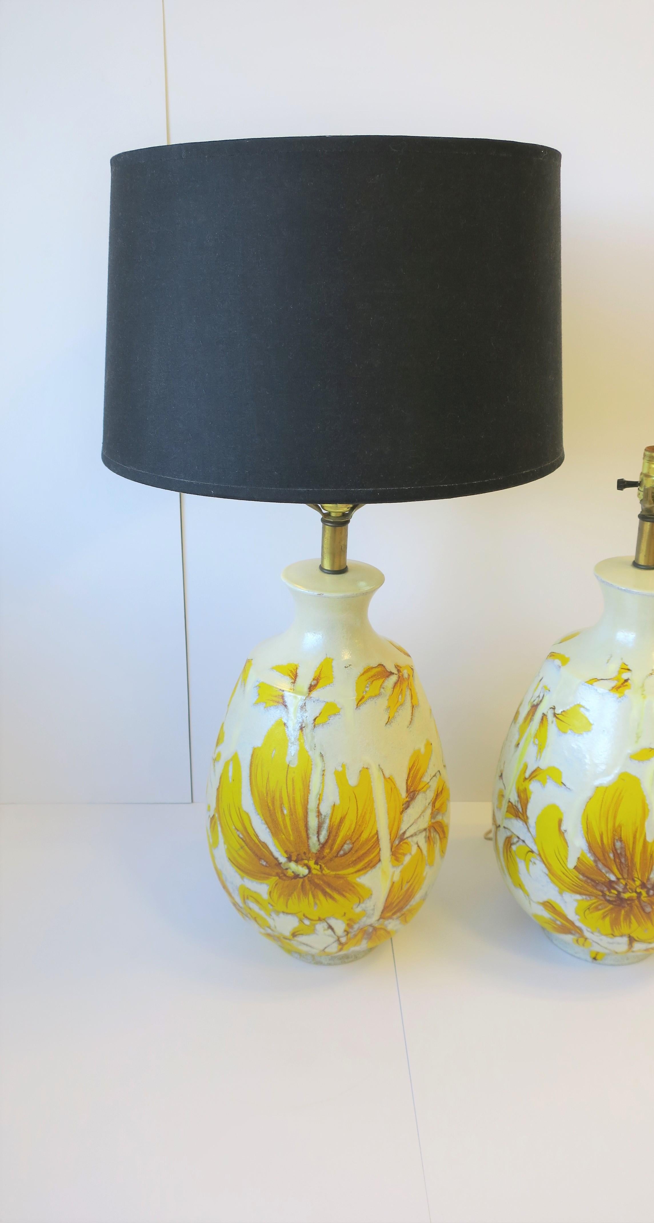 Glazed Yellow and White Terracotta Pottery Table Lamps with Flowers, Pair, 1960s