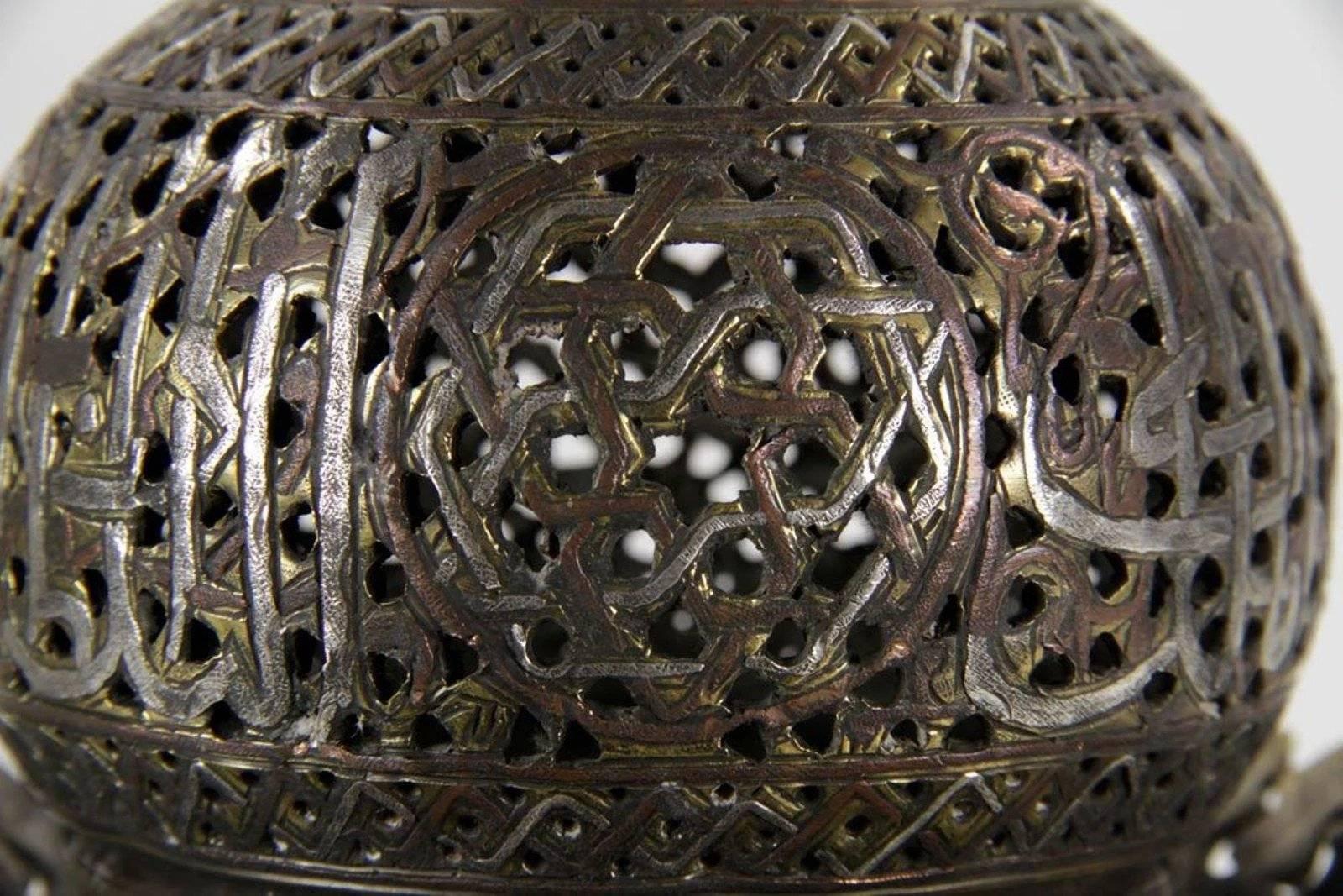 Asian Pair of Middle Eastern Islamic Silver Damascene Inlaid Incense Burners