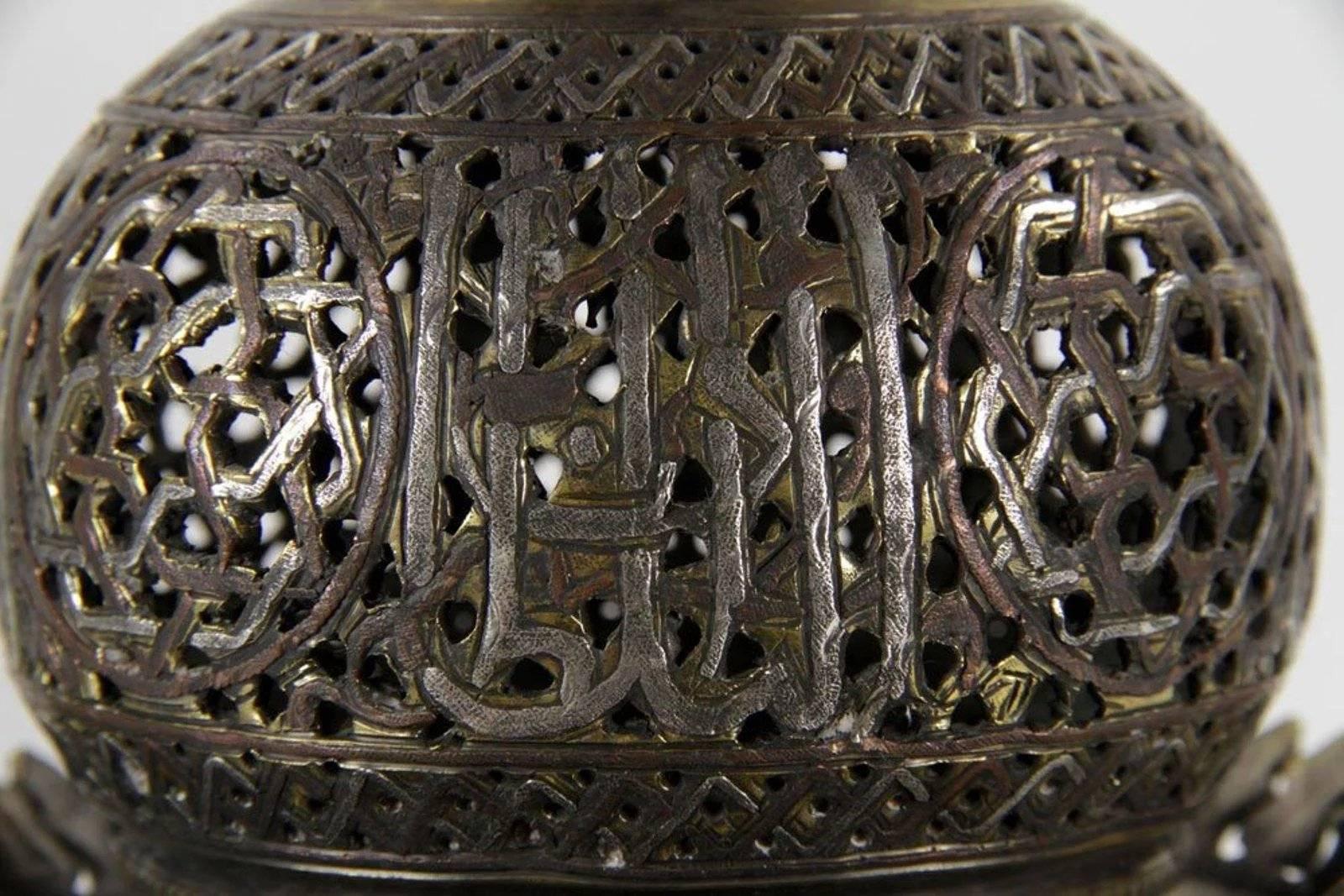 20th Century Pair of Middle Eastern Islamic Silver Damascene Inlaid Incense Burners