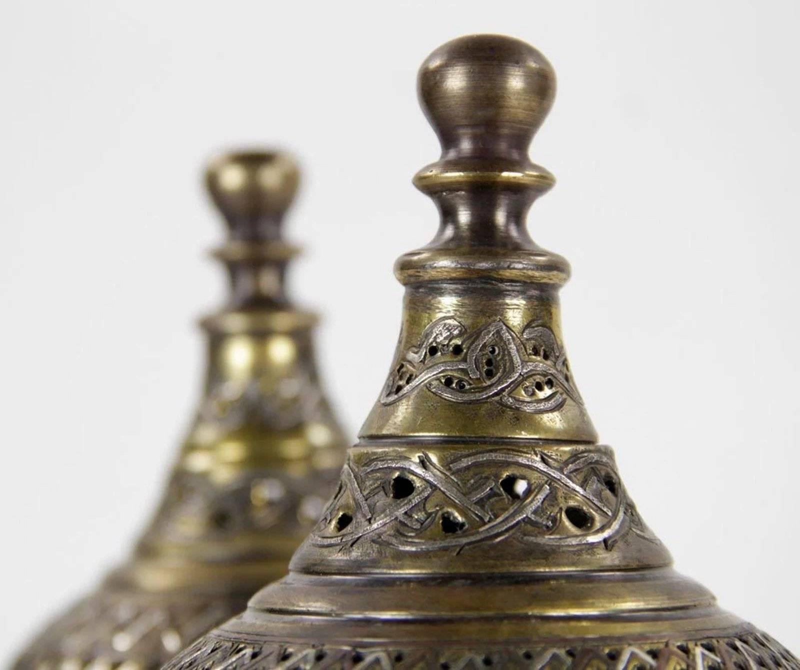 Pair of Middle Eastern Islamic Silver Damascene Inlaid Incense Burners 1