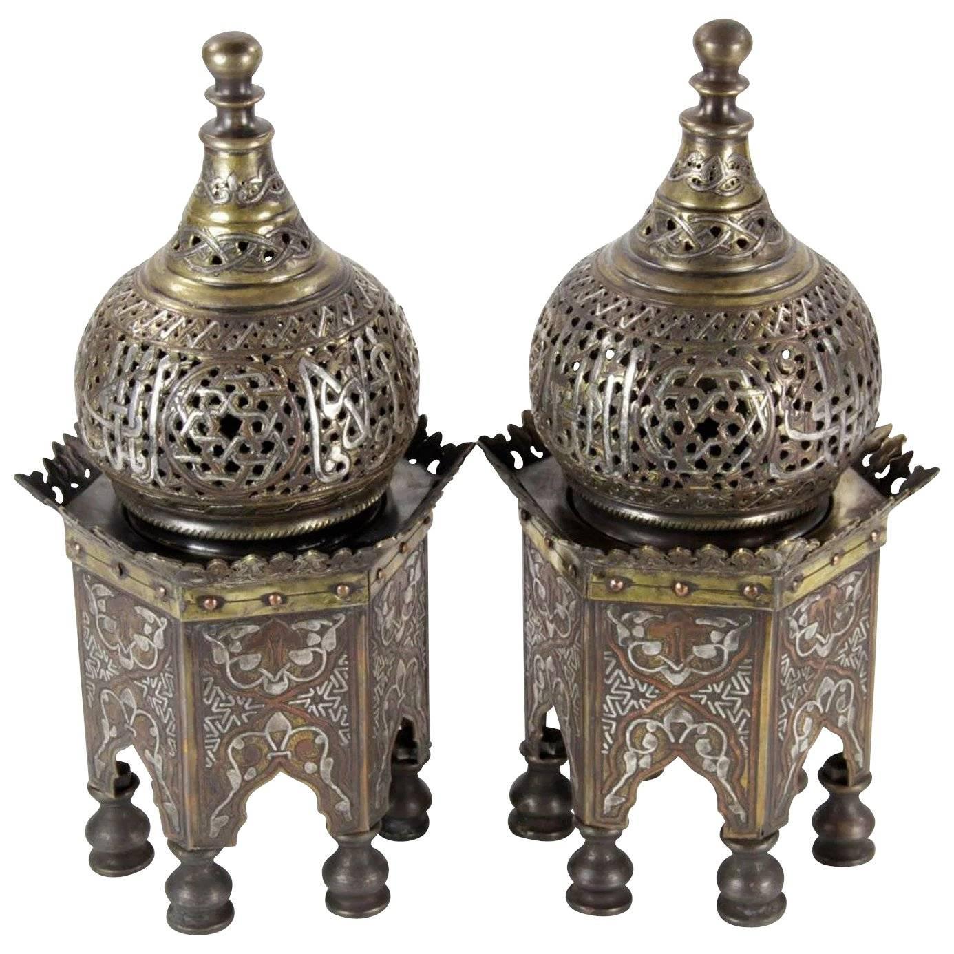 Pair of Middle Eastern Islamic Silver Damascene Inlaid Incense Burners