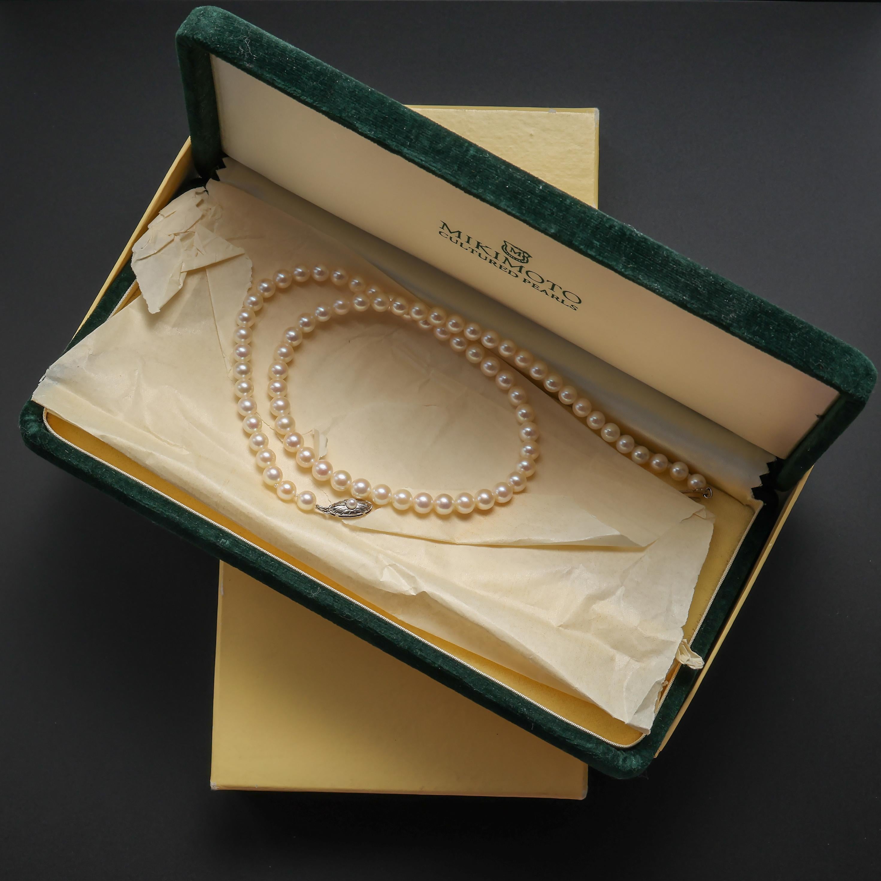 These two Mikimoto cultured Akoya pearl necklaces were purchased at the iconic Mikimoto flagship store on Ginza Street in Hong Kong in June of 1958 by a Lieutenant in the US Air Force. For unknown reasons, both necklaces –in their original boxes,