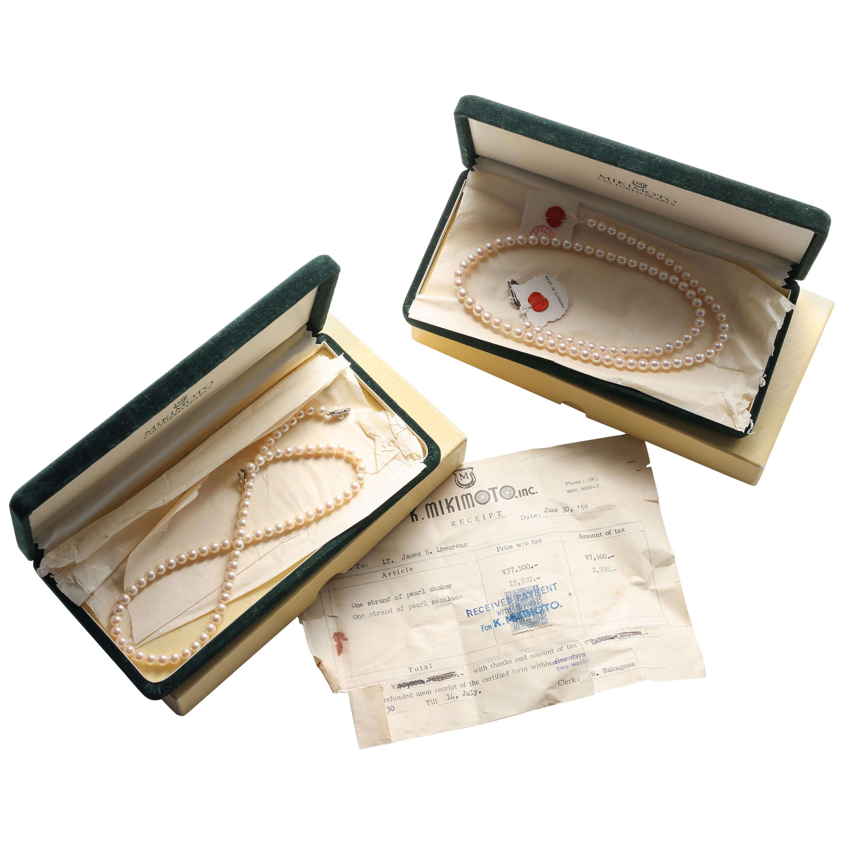 Pair Mikimoto Pearl Necklaces 1958 New in Boxes