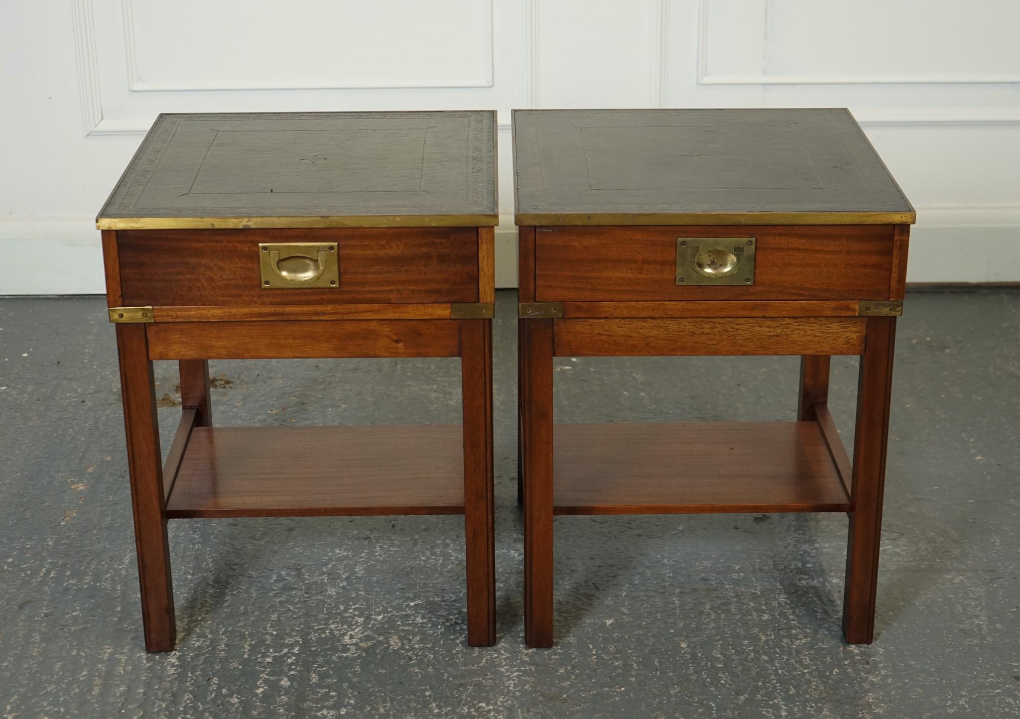 
We are delighted to offer for sale this Pair of Military Campaign Nightstands Side End Tables.

The pair of Military Campaign Bedside Tables Nightstands features an antique green leather top, giving them a classic and vintage look. 

These tables