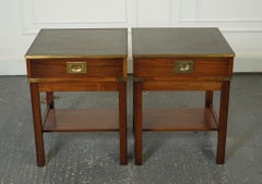 PAIR MILITARY CAMPAIGN BEDSIDE TABLES NIGHTSTANDS ANTiQUE GREEN LEATHER TOP J1