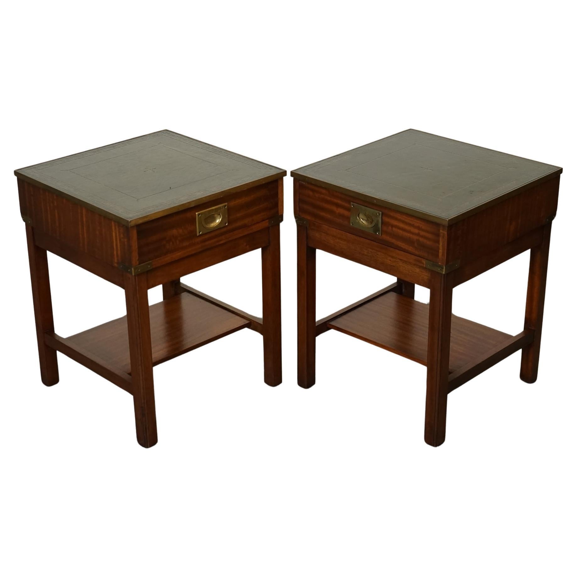PAIR MILITARY CAMPAIGN BEDSIDE TABLES NIGHTSTANDS ANTiQUE GREEN LEATHER TOP J1 For Sale