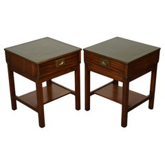 PAIR MILITARY CAMPAIGN BEDSIDE TABLES NIGHTSTANDS ANTiQUE GREEN LEATHER TOP J1