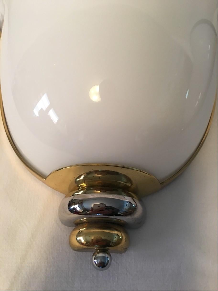 Italian Pair of Milk Glass Brass and Chrome Wall Lights or Sconces by Prearo of Italy For Sale