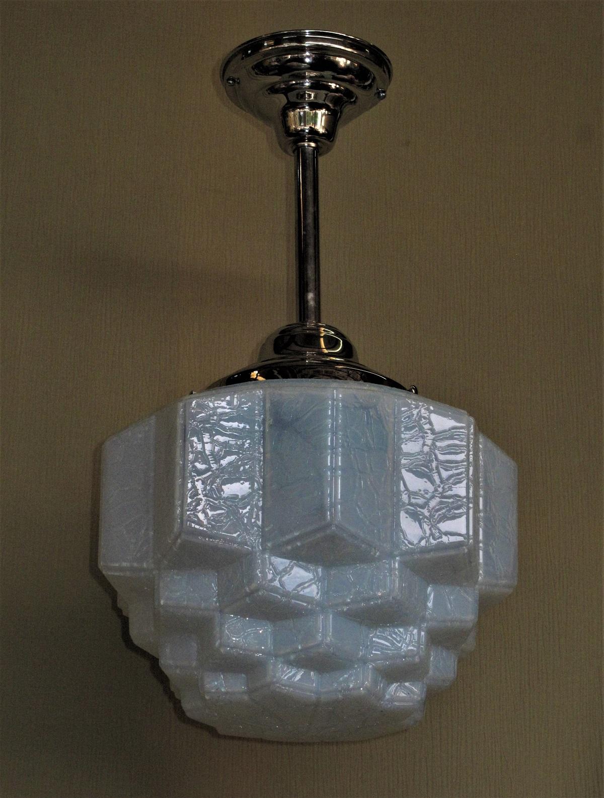 Pair of Milky Blue Crackle Glass Fixtures In Good Condition For Sale In Prescott, AZ