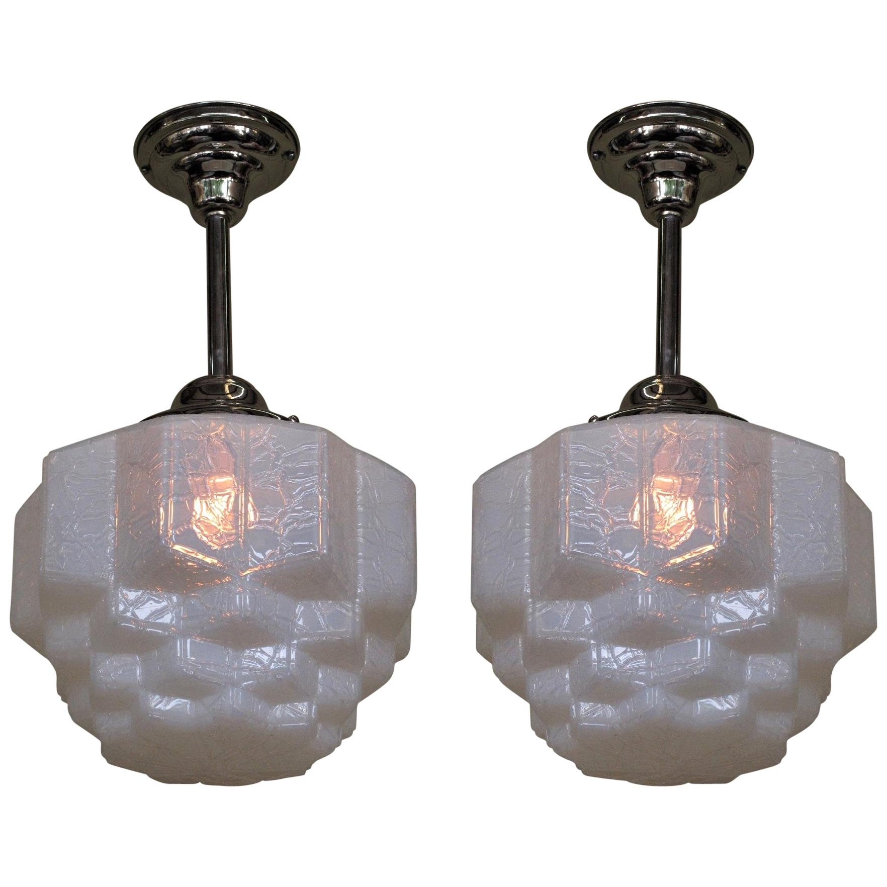Pair of Milky Blue Crackle Glass Fixtures For Sale