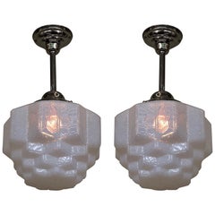 Pair of Milky Blue Crackle Glass Fixtures
