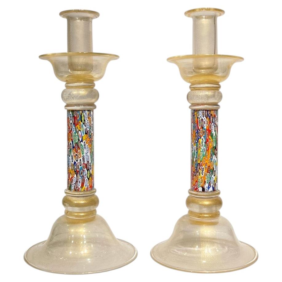 Pair Millefiori and Gold Infused Murano Glass Candlesticks For Sale