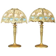 Antique Pair of Miller Glass Co 2-Tone Slag Glass and Gilt Metal Scenic Landscape Lamps