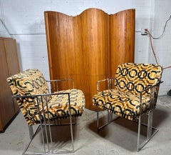 Pair Milo Baughman arm / lounge chairs. geometric Girrard style fabric
