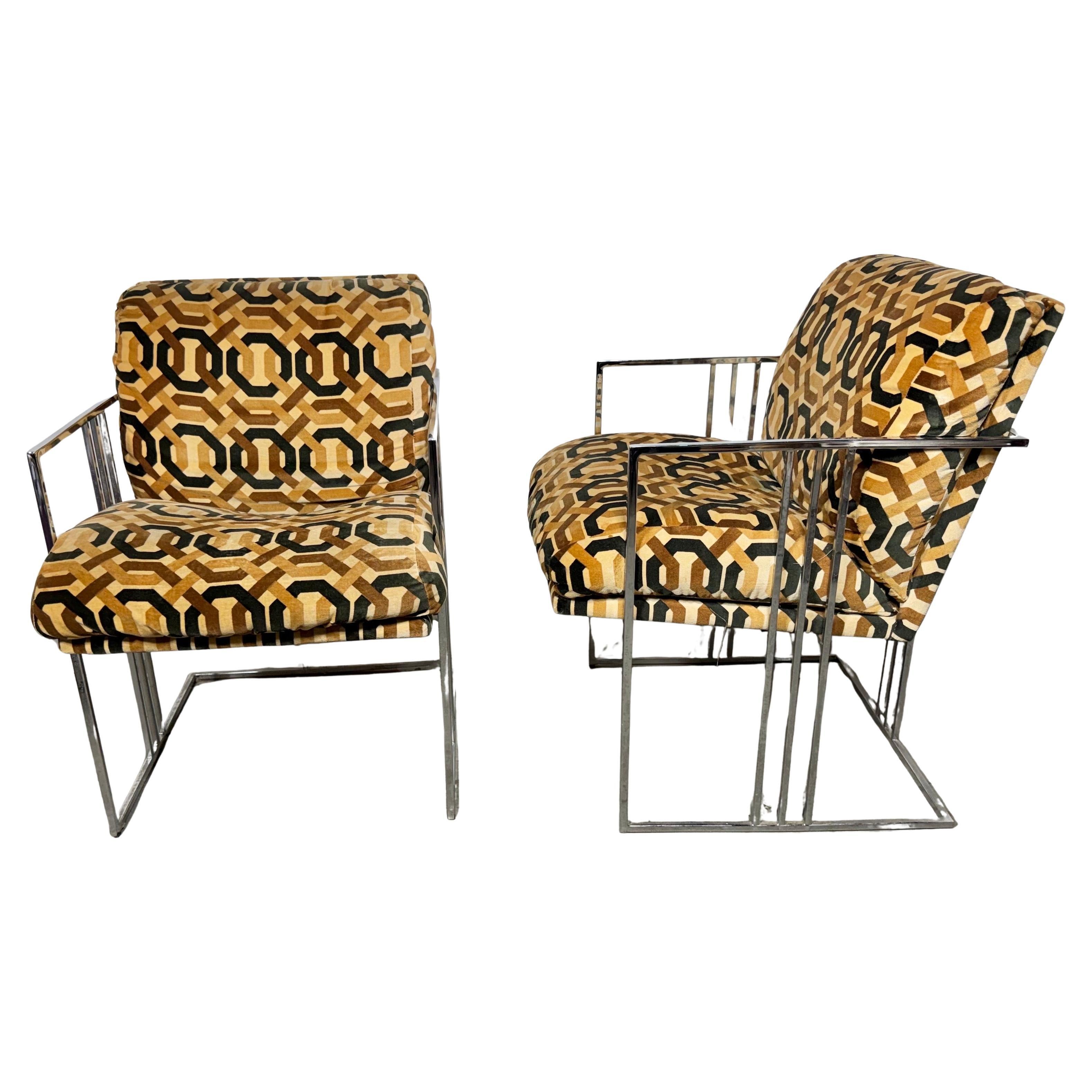 Pair Milo Baughman arm / lounge chairs. geometric Girrard style fabric