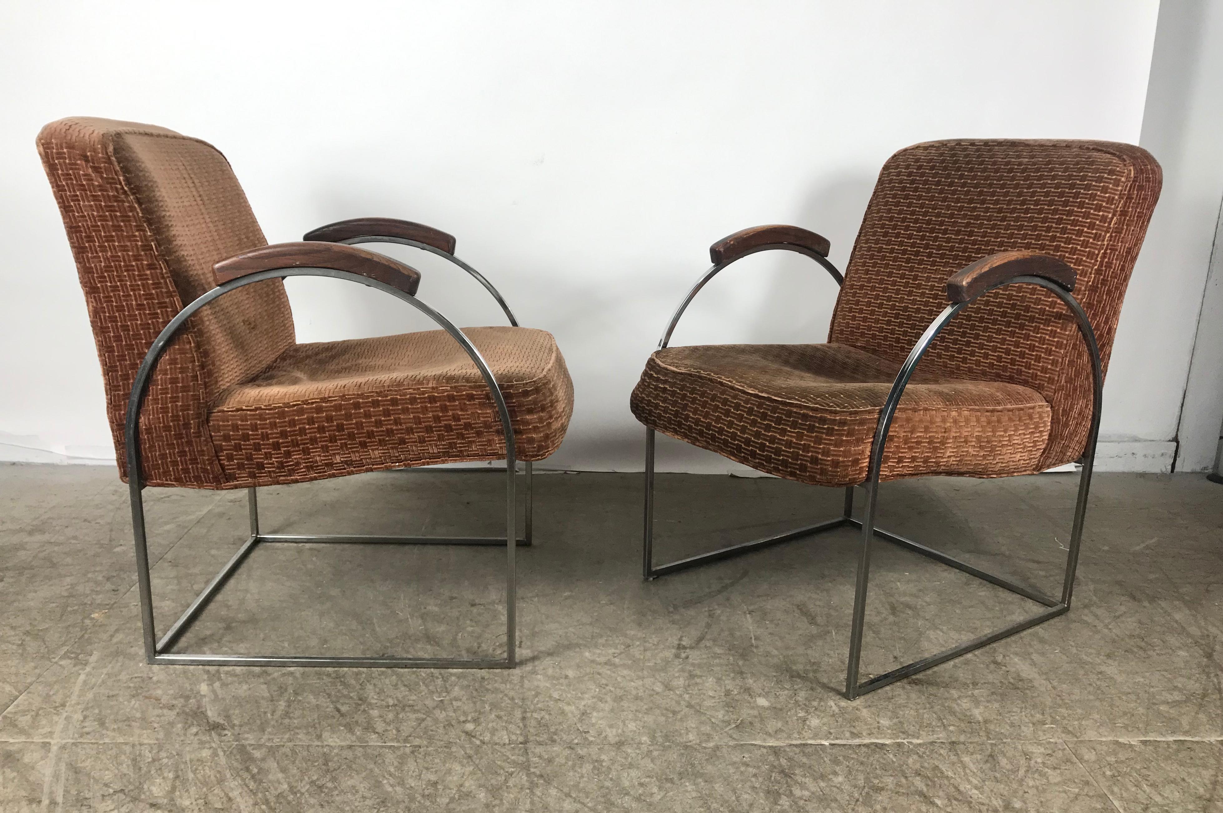 Matched pair of Bauhaus style lounge chairs designed by Milo Baughman, retains original cut mohair fabric, perfect patina to wood armrests. Extremely comfortable, hand delivery avail to New York City or anywhere en route from Buffalo New York.
