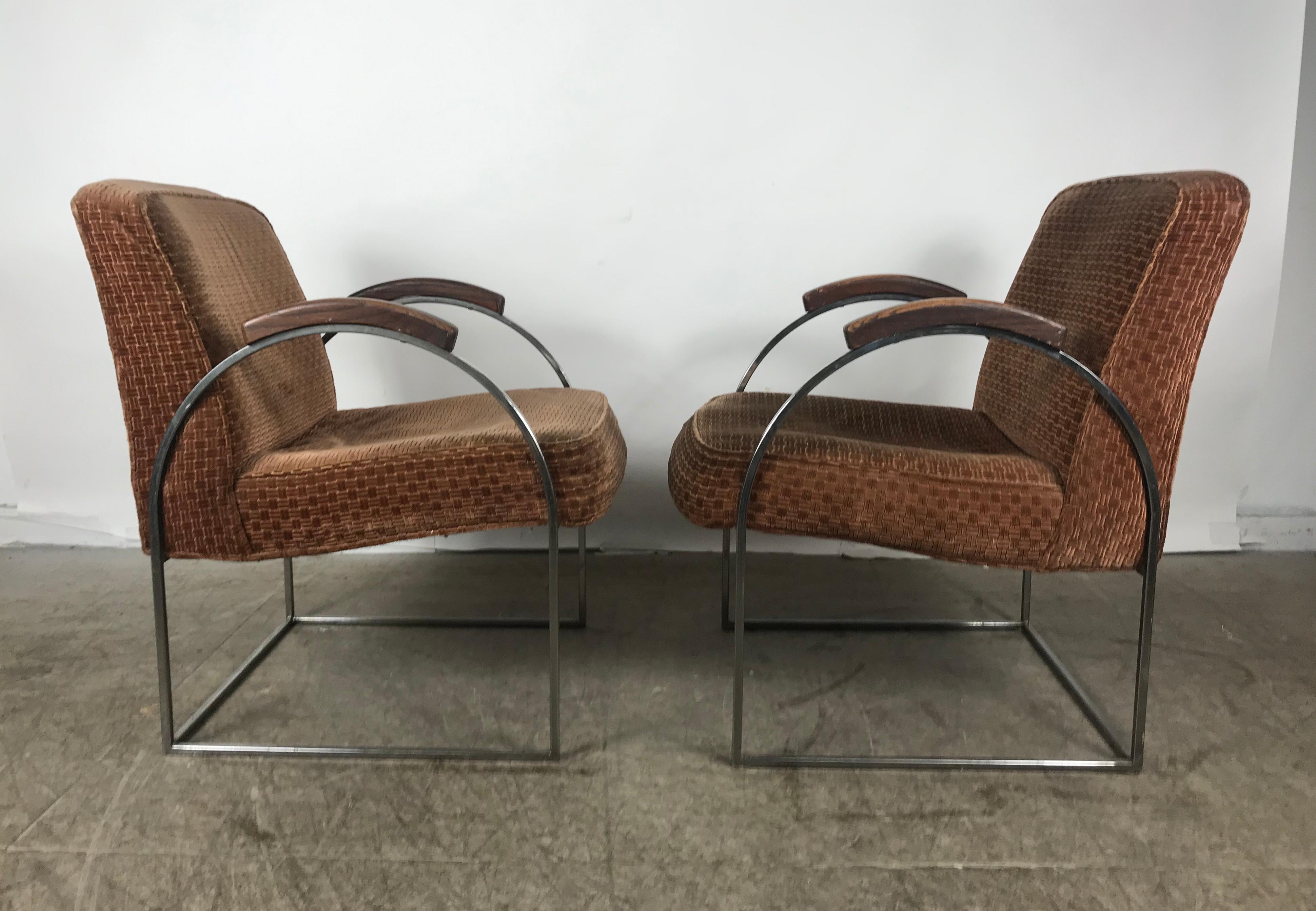 Mid-Century Modern Pair of Milo Baughman Bauhaus Style Chrome and Mohair Lounge Chairs