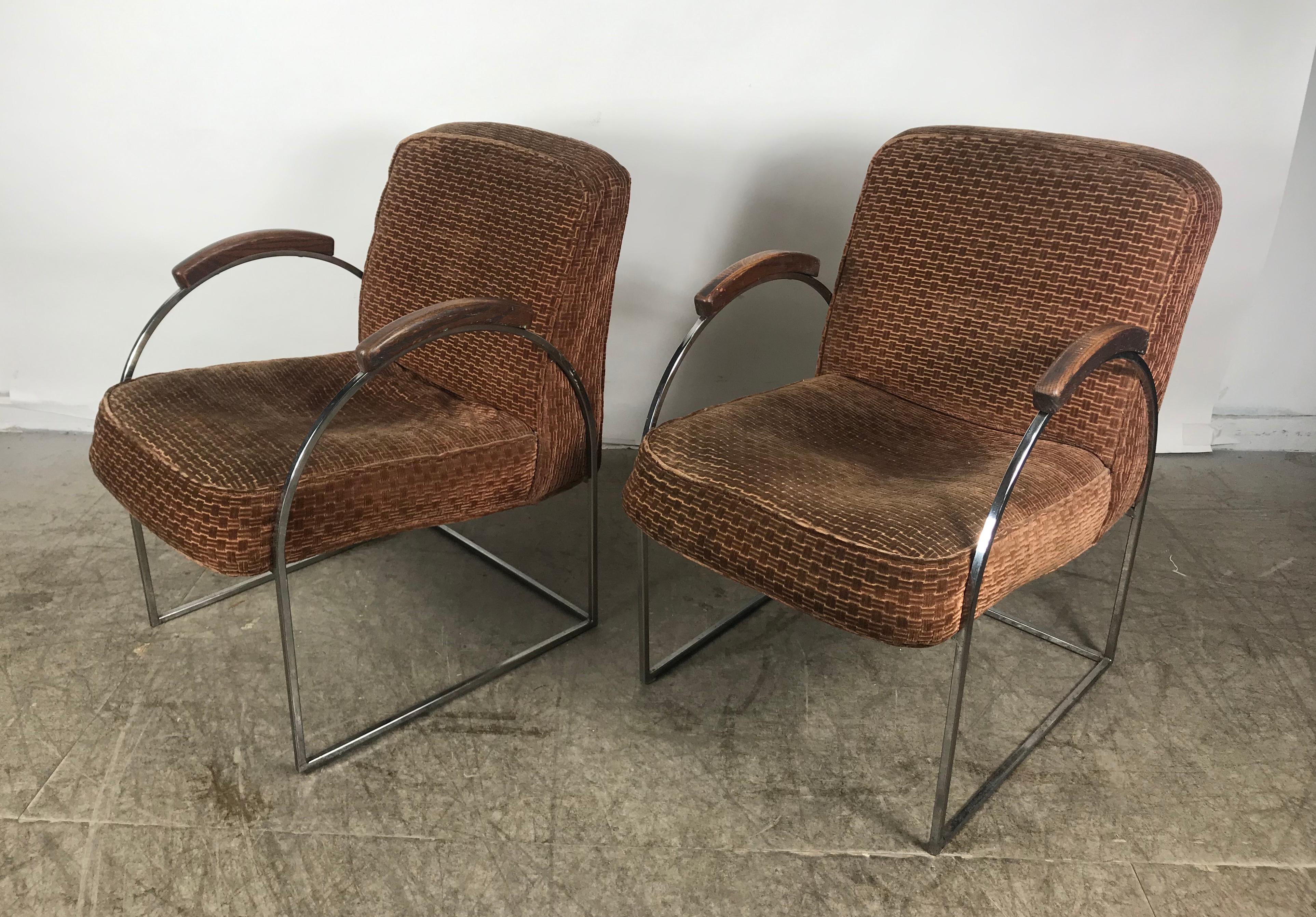 American Pair of Milo Baughman Bauhaus Style Chrome and Mohair Lounge Chairs