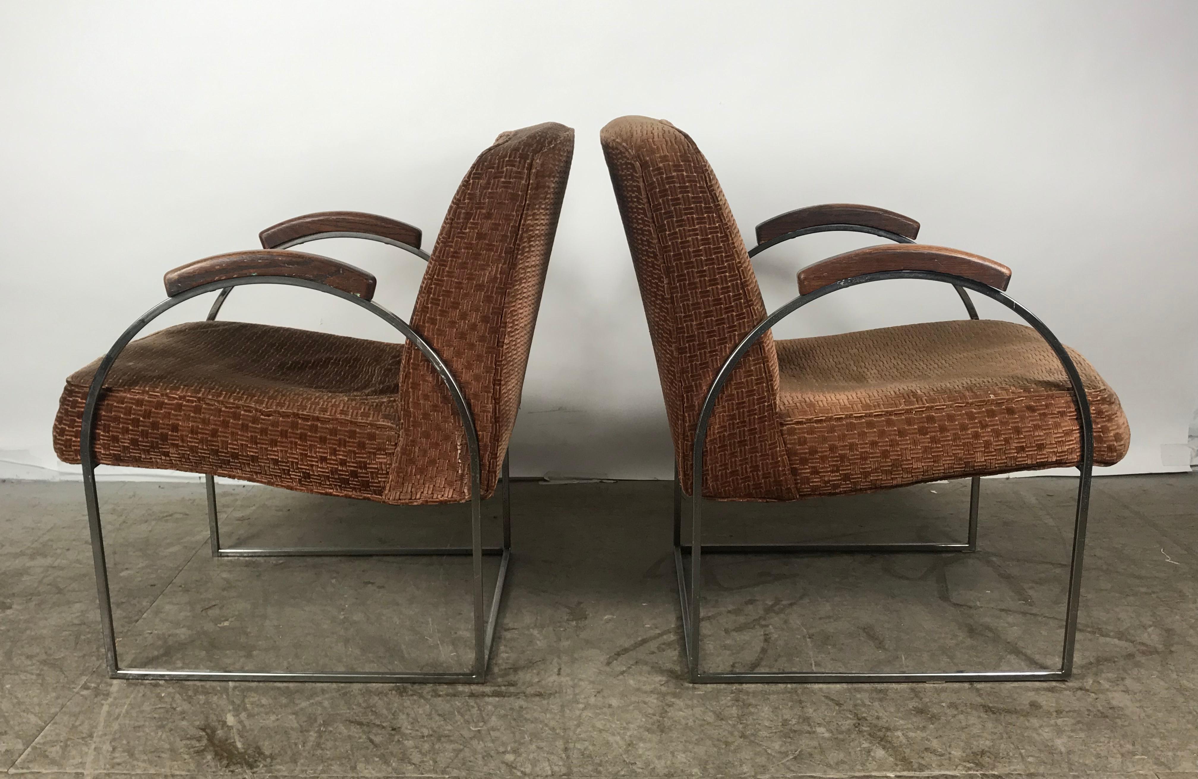 20th Century Pair of Milo Baughman Bauhaus Style Chrome and Mohair Lounge Chairs