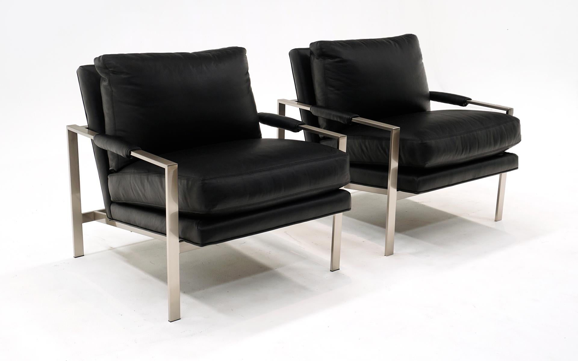 Mid-Century Modern Pair of Milo Baughman Black Leather & Brushed Steel Lounge Chairs. Signed