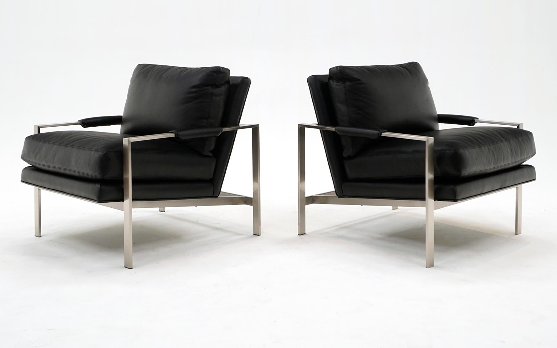 American Pair of Milo Baughman Black Leather & Brushed Steel Lounge Chairs. Signed