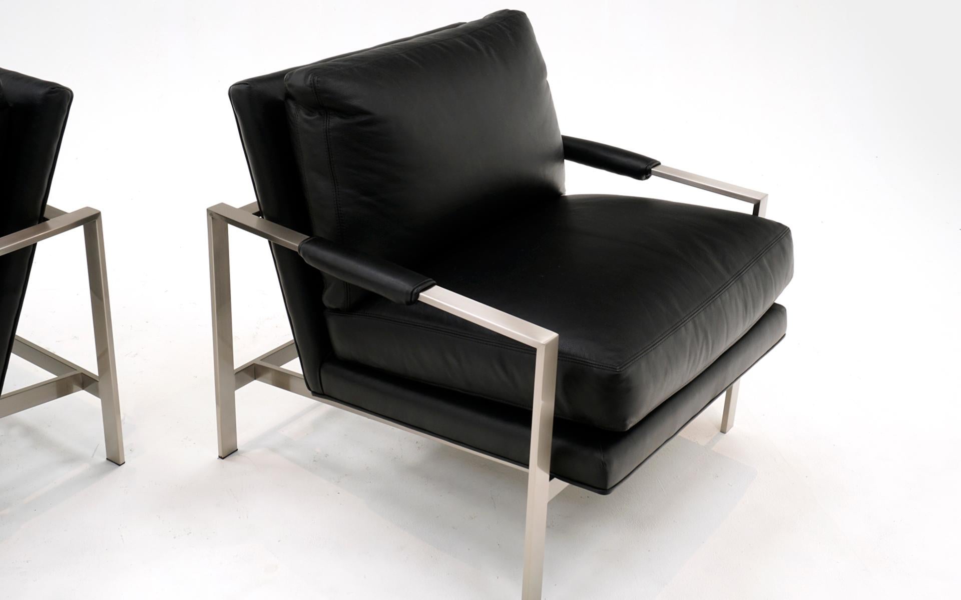Pair of Milo Baughman Black Leather & Brushed Steel Lounge Chairs. Signed 1
