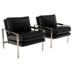 Pair Milo Baughman Black Leather & Chrome Lounge Chairs for Thayer Coggin.Signed