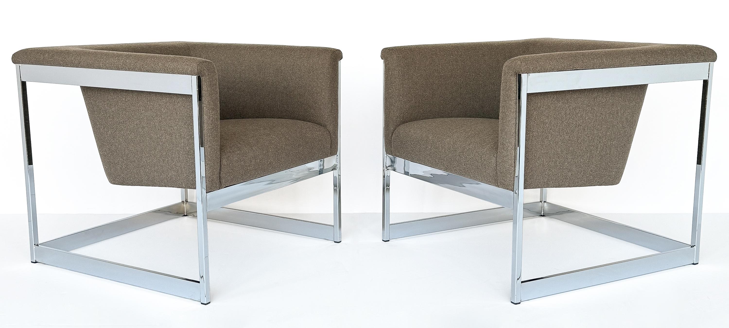 Mid-Century Modern Pair Milo Baughman Chrome Cube Lounge Chairs