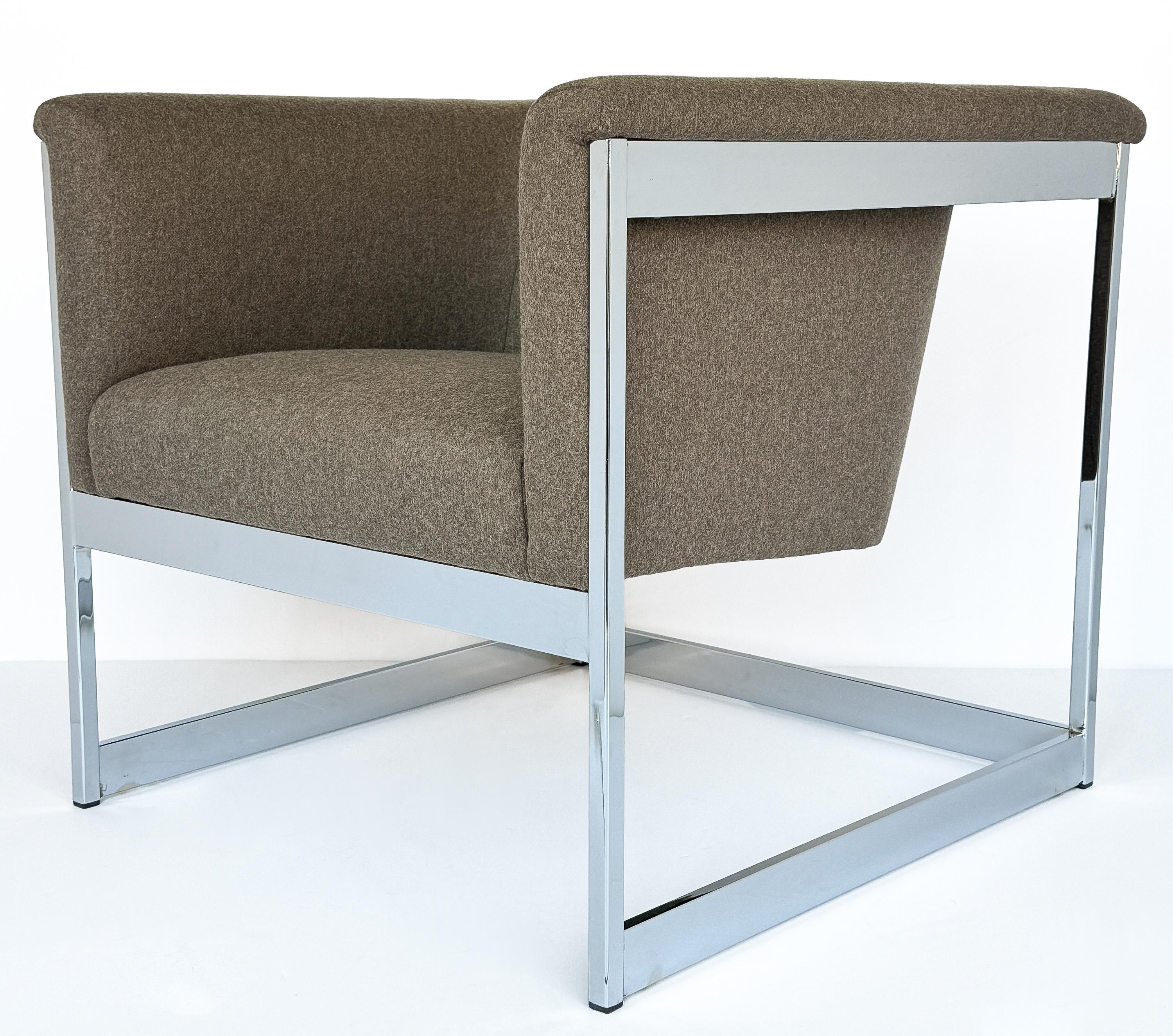 Fabric Pair Milo Baughman Chrome Cube Lounge Chairs For Sale